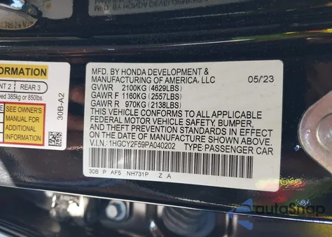 2023 Honda Accord Sport из США, поврежденный, VIN 1HGCY2F59PA040202